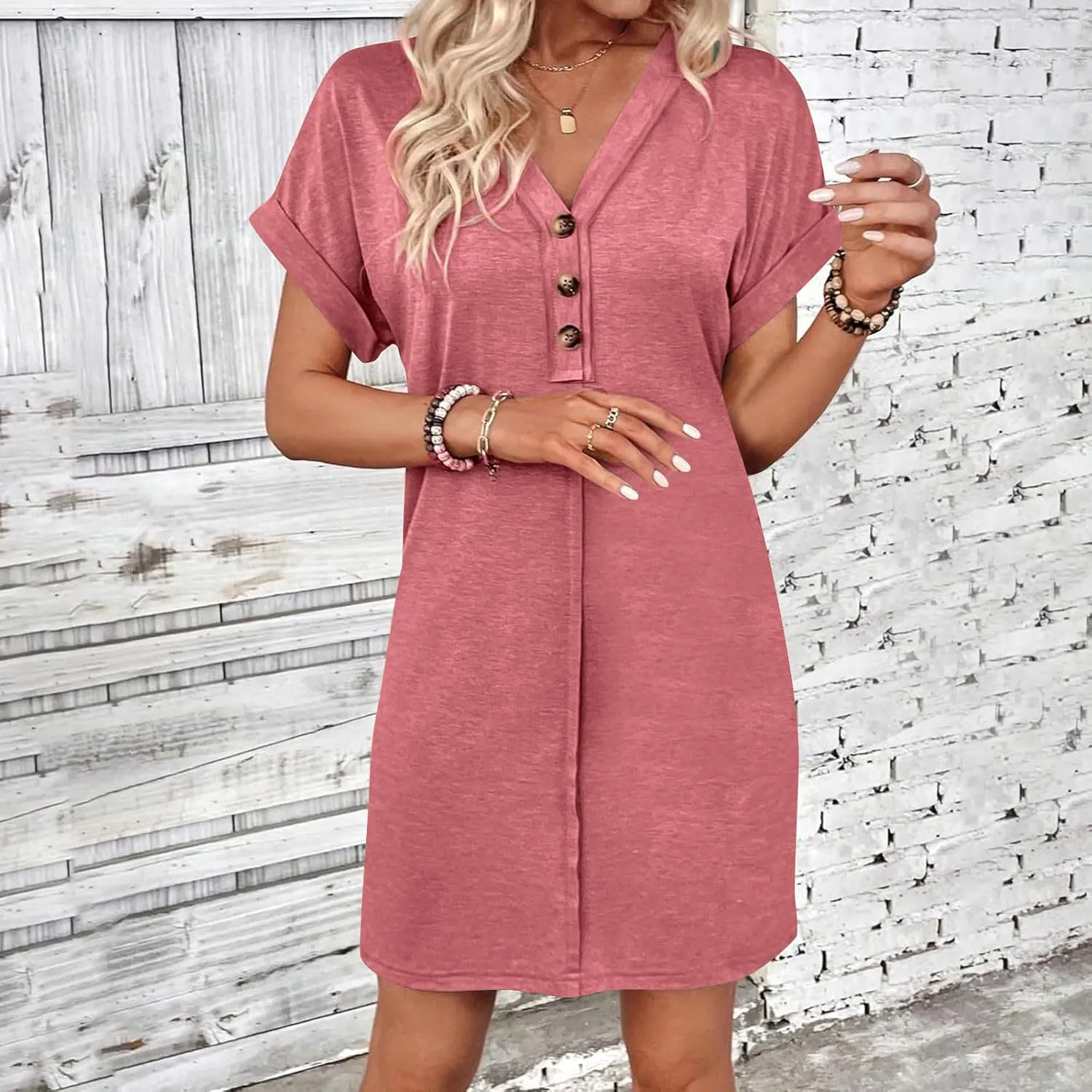 Women's Button Down Dresses Fashion Trendy Rolling Sleeve Dresses V Neck Solid Loose Fit Slimming Ladies Outwear