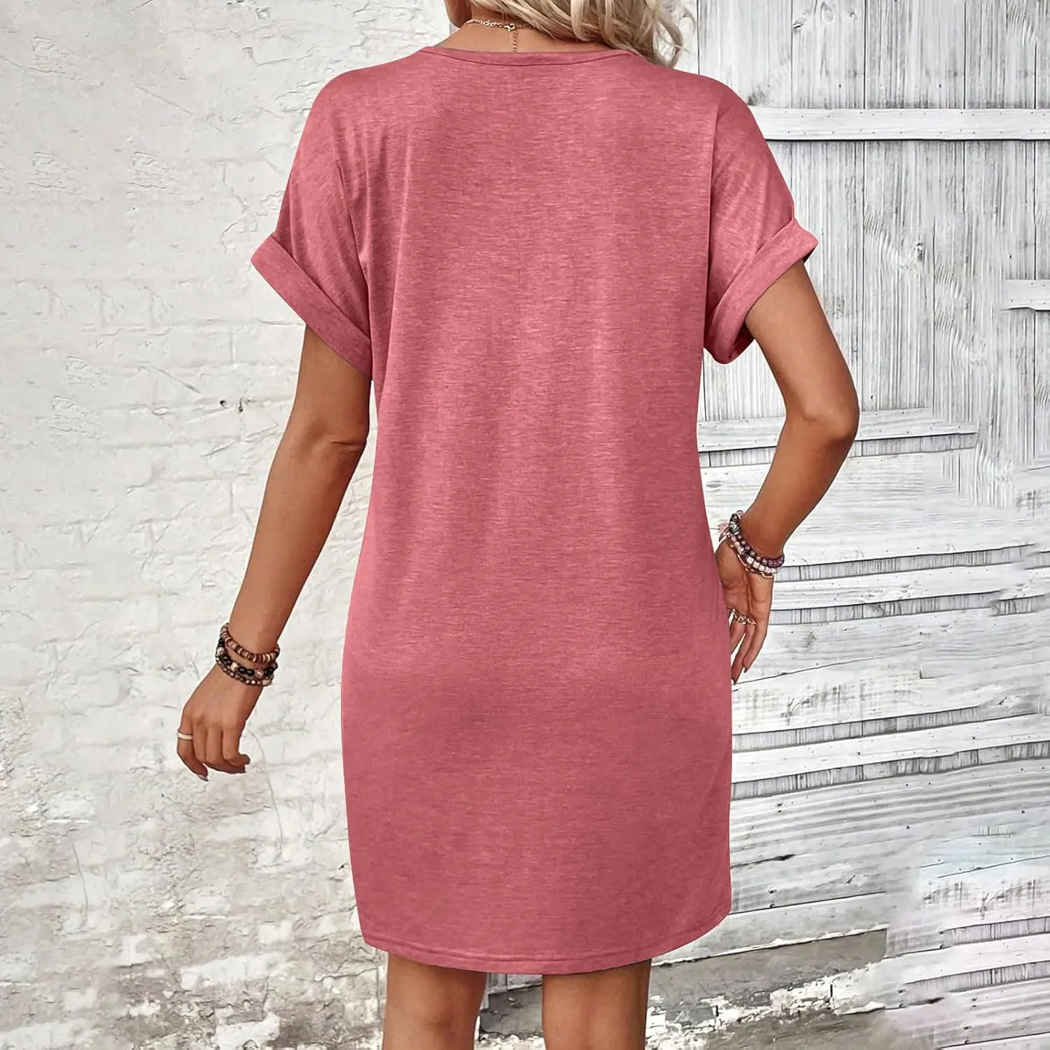 Women's Button Down Dresses Fashion Trendy Rolling Sleeve Dresses V Neck Solid Loose Fit Slimming Ladies Outwear