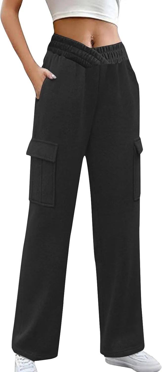 Women's Cargo Sweatpants Elastic High Waist Wide Leg Joggers Pants Baggy Straight Leg Drawstring Trousers with Pockets