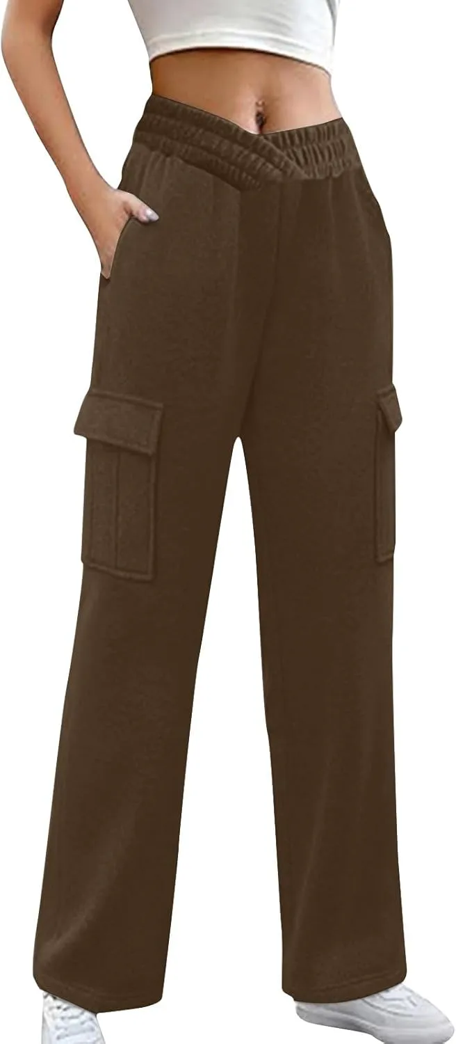 Women's Cargo Sweatpants Elastic High Waist Wide Leg Joggers Pants Baggy Straight Leg Drawstring Trousers with Pockets