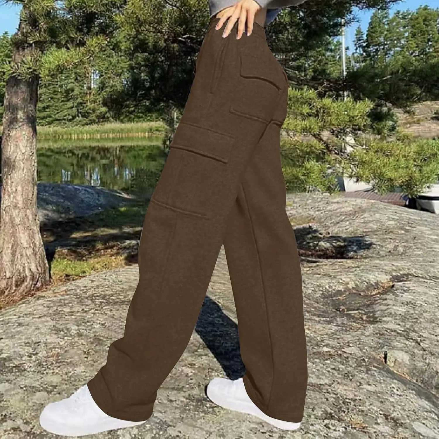 Women's Cargo Sweatpants Elastic High Waist Wide Leg Joggers Pants Baggy Straight Leg Drawstring Trousers with Pockets