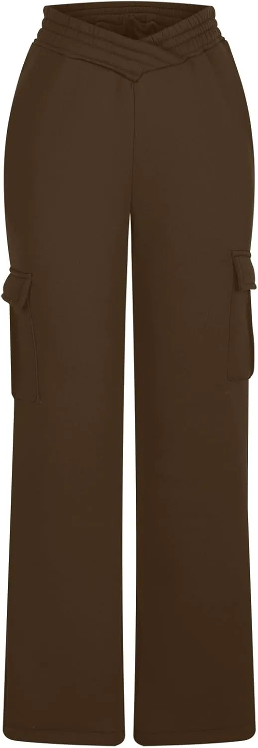 Women's Cargo Sweatpants Elastic High Waist Wide Leg Joggers Pants Baggy Straight Leg Drawstring Trousers with Pockets
