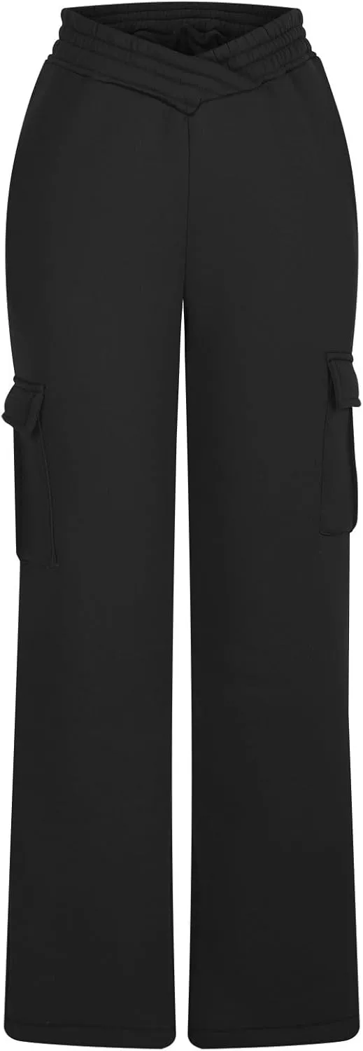 Women's Cargo Sweatpants Elastic High Waist Wide Leg Joggers Pants Baggy Straight Leg Drawstring Trousers with Pockets
