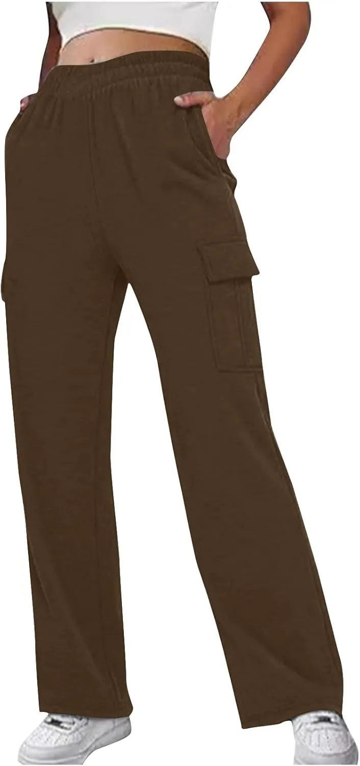 Women's Cargo Sweatpants Elastic High Waist Wide Leg Joggers Pants Baggy Straight Leg Drawstring Trousers with Pockets