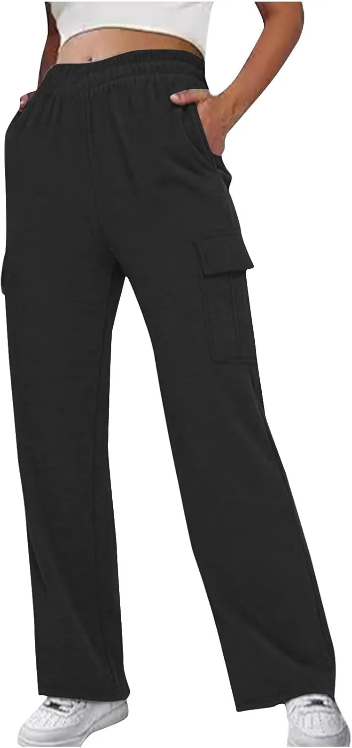 Women's Cargo Sweatpants Elastic High Waist Wide Leg Joggers Pants Baggy Straight Leg Drawstring Trousers with Pockets