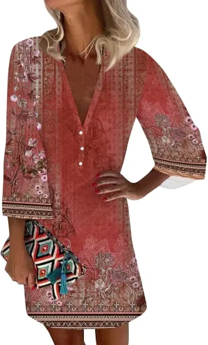 Women's Casual Dresses 3/4 Sleeve V Neck Floral Mini Dress Elegant Shift Short Dresses Tunic Dress