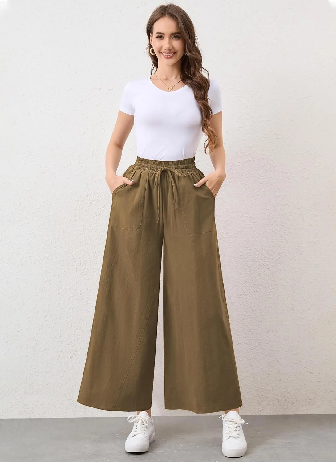 Womens Casual Linen Wide Leg Pants Trousers High Waisted Drawstring Tailored Baggy Pant Palazzo Lounge Pant Pockets