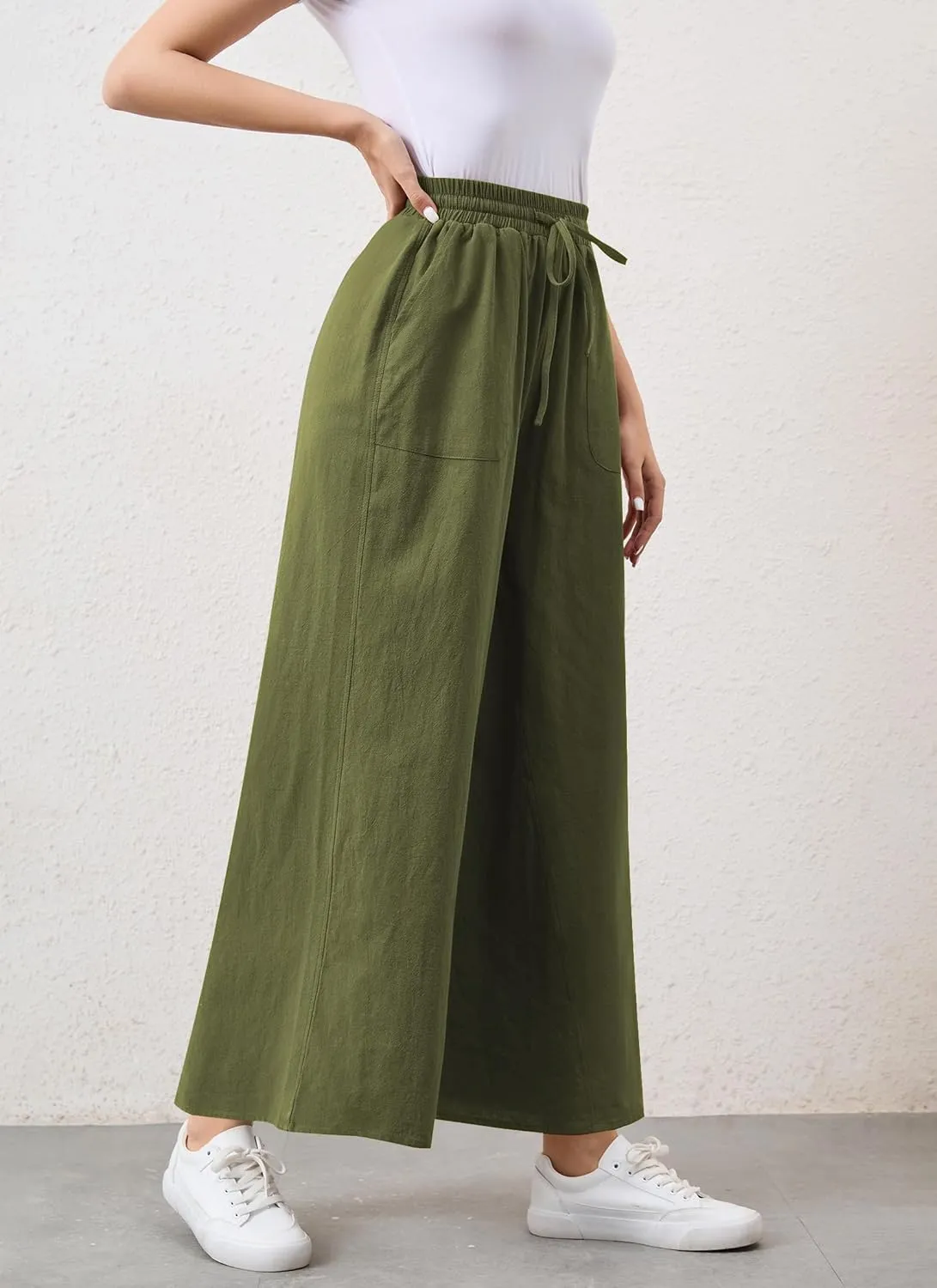 Womens Casual Linen Wide Leg Pants Trousers High Waisted Drawstring Tailored Baggy Pant Palazzo Lounge Pant Pockets