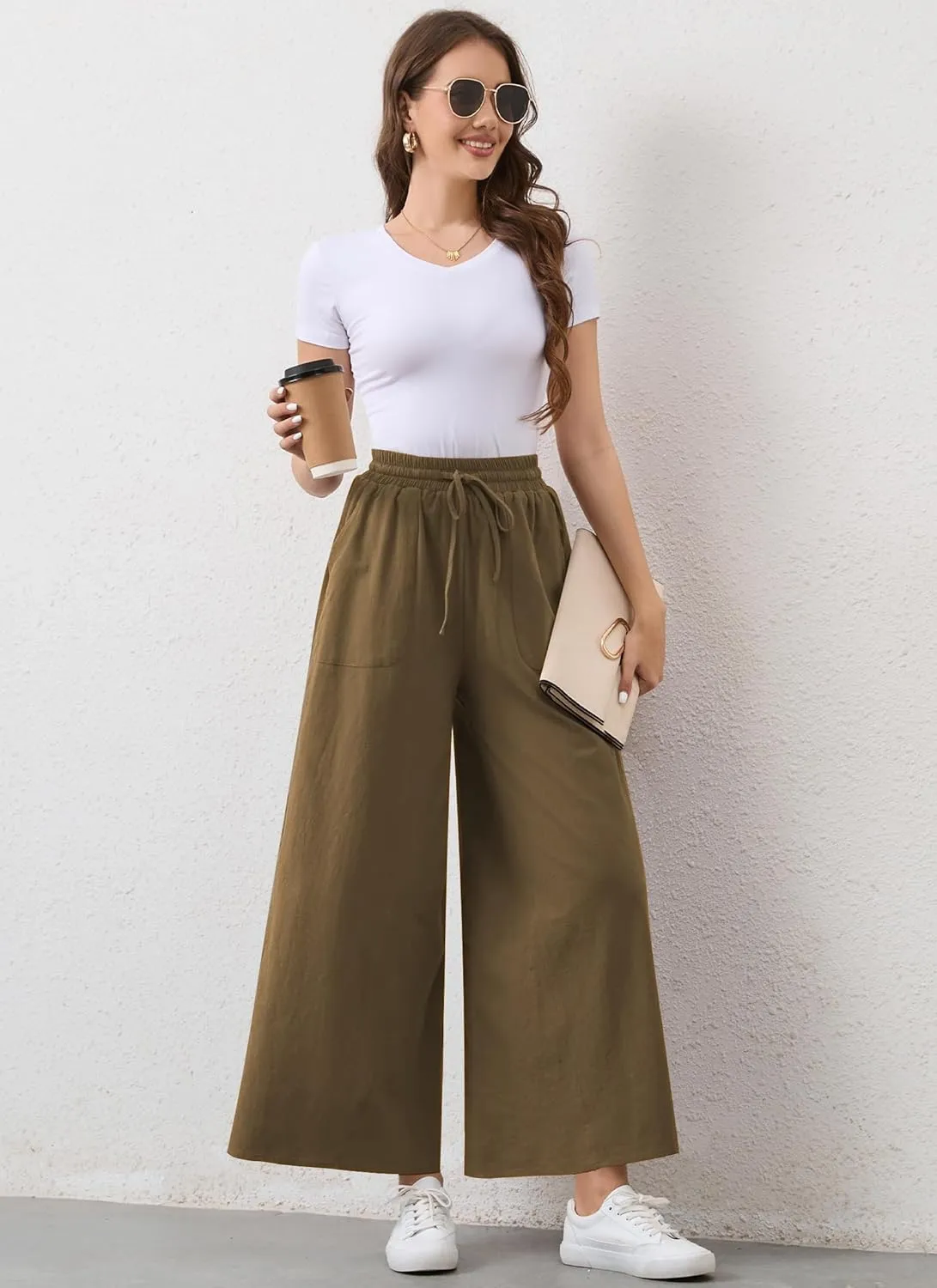 Womens Casual Linen Wide Leg Pants Trousers High Waisted Drawstring Tailored Baggy Pant Palazzo Lounge Pant Pockets