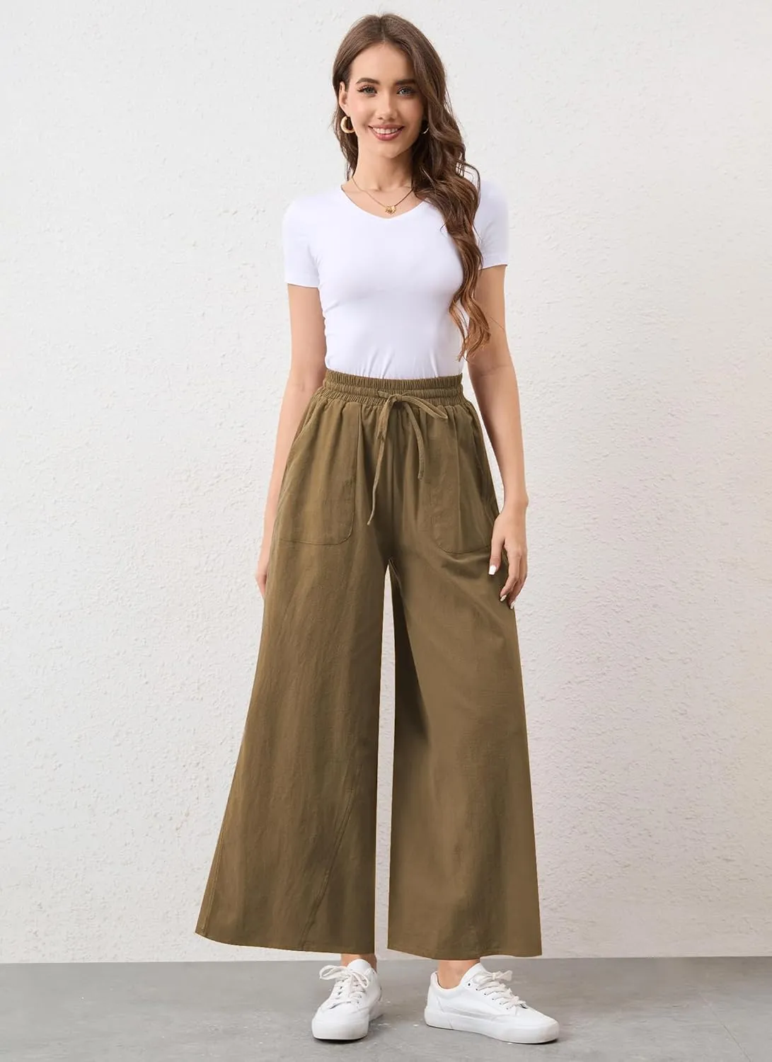 Womens Casual Linen Wide Leg Pants Trousers High Waisted Drawstring Tailored Baggy Pant Palazzo Lounge Pant Pockets