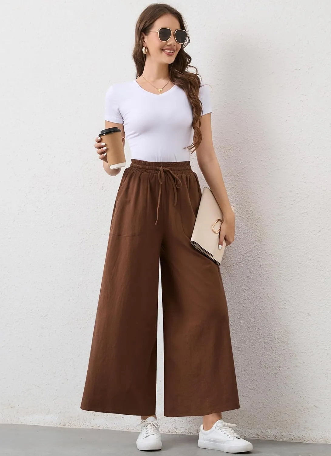 Womens Casual Linen Wide Leg Pants Trousers High Waisted Drawstring Tailored Baggy Pant Palazzo Lounge Pant Pockets