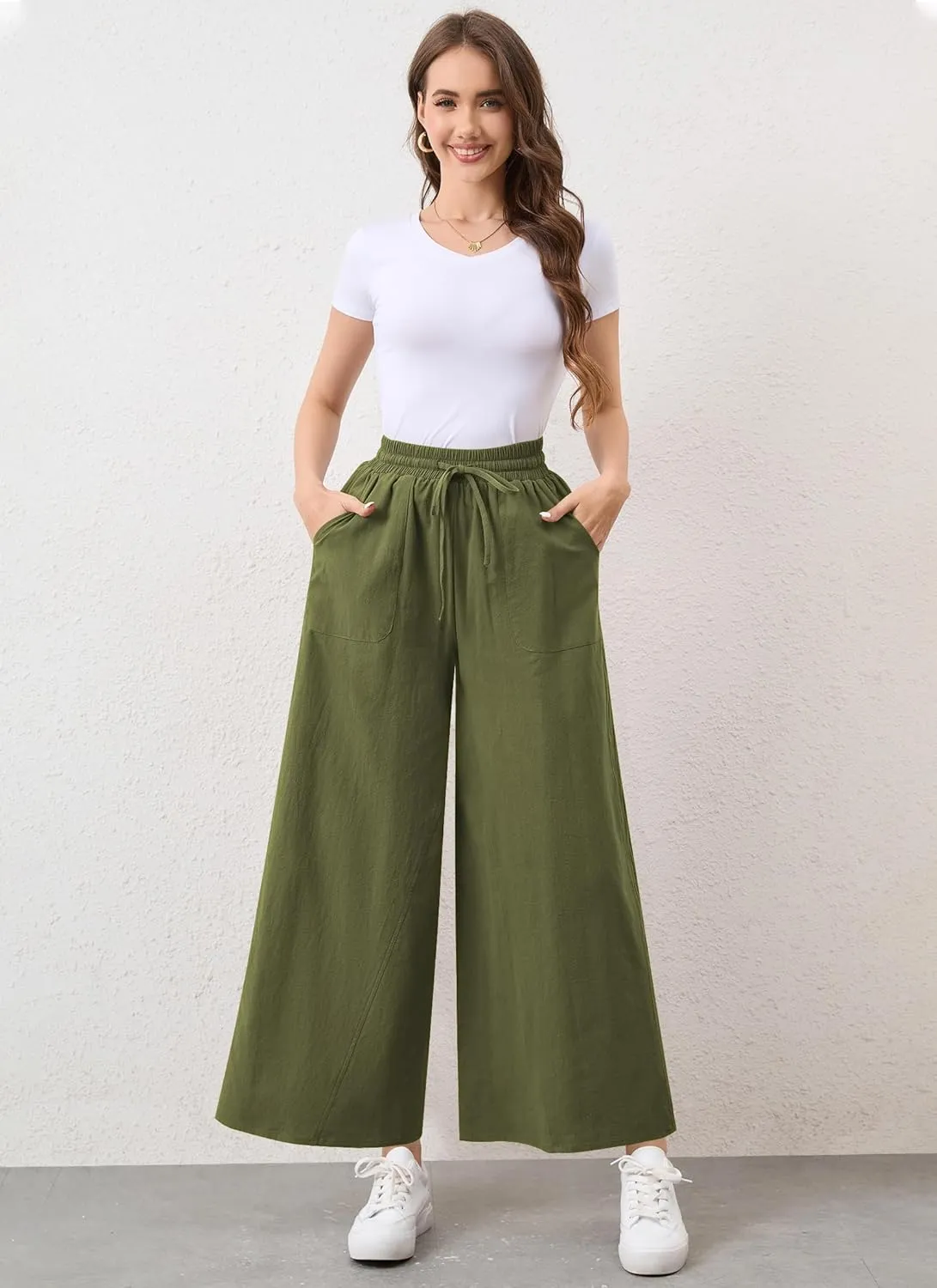Womens Casual Linen Wide Leg Pants Trousers High Waisted Drawstring Tailored Baggy Pant Palazzo Lounge Pant Pockets