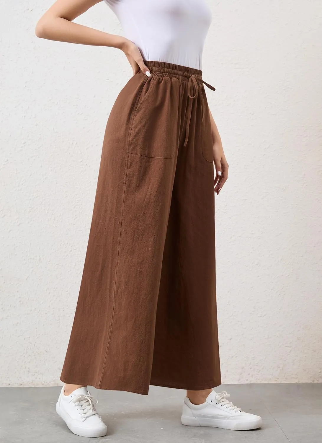 Womens Casual Linen Wide Leg Pants Trousers High Waisted Drawstring Tailored Baggy Pant Palazzo Lounge Pant Pockets