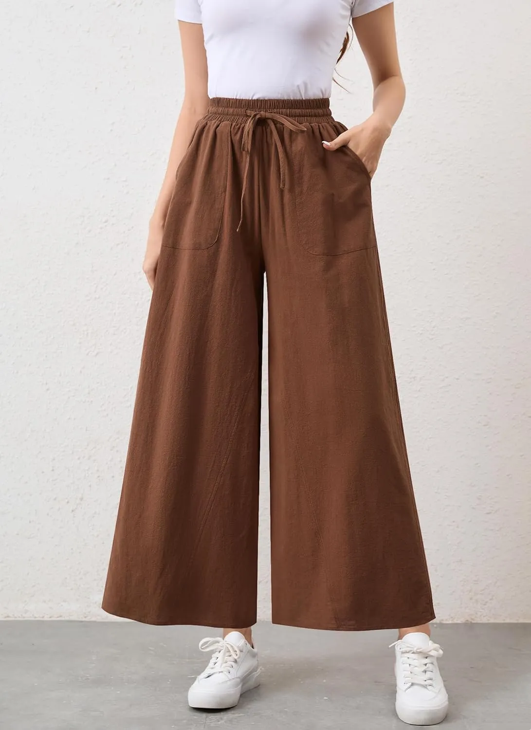 Womens Casual Linen Wide Leg Pants Trousers High Waisted Drawstring Tailored Baggy Pant Palazzo Lounge Pant Pockets
