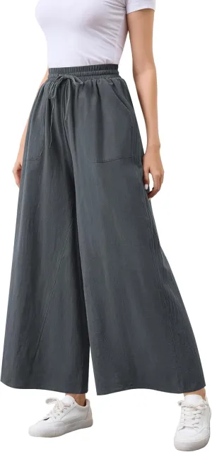 Womens Casual Linen Wide Leg Pants Trousers High Waisted Drawstring Tailored Baggy Pant Palazzo Lounge Pant Pockets