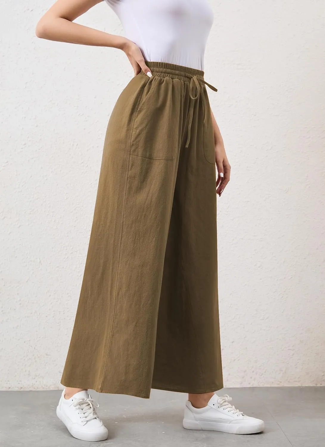 Womens Casual Linen Wide Leg Pants Trousers High Waisted Drawstring Tailored Baggy Pant Palazzo Lounge Pant Pockets