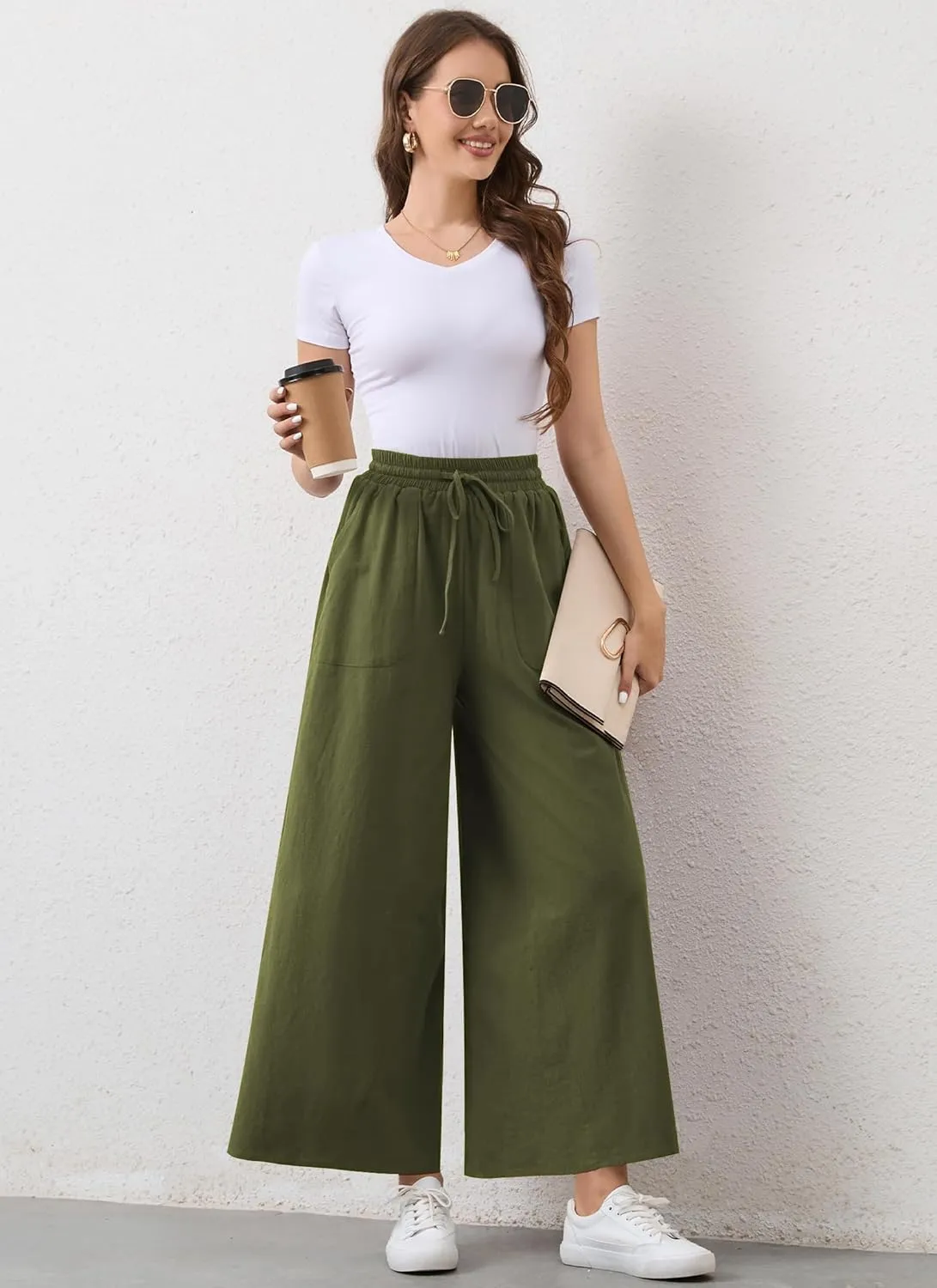 Womens Casual Linen Wide Leg Pants Trousers High Waisted Drawstring Tailored Baggy Pant Palazzo Lounge Pant Pockets