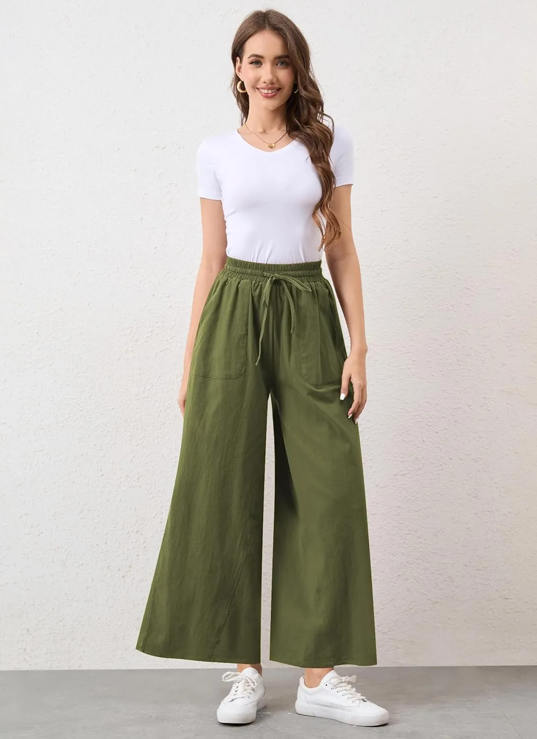 Womens Casual Linen Wide Leg Pants Trousers High Waisted Drawstring Tailored Baggy Pant Palazzo Lounge Pant Pockets