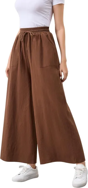 Womens Casual Linen Wide Leg Pants Trousers High Waisted Drawstring Tailored Baggy Pant Palazzo Lounge Pant Pockets
