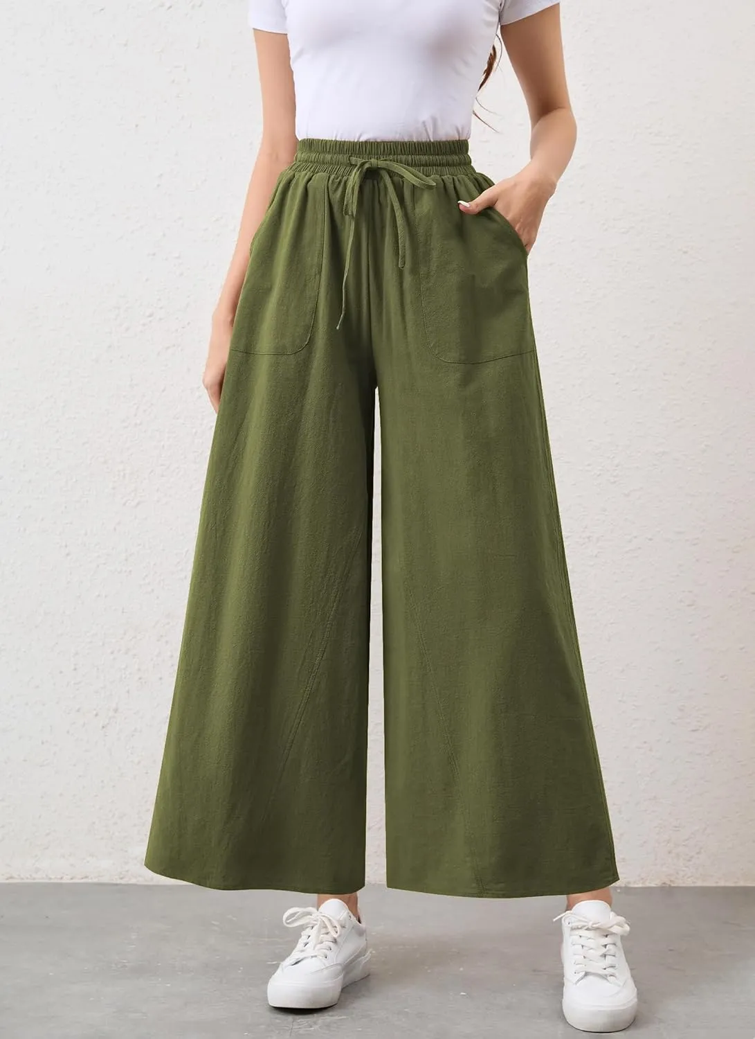 Womens Casual Linen Wide Leg Pants Trousers High Waisted Drawstring Tailored Baggy Pant Palazzo Lounge Pant Pockets