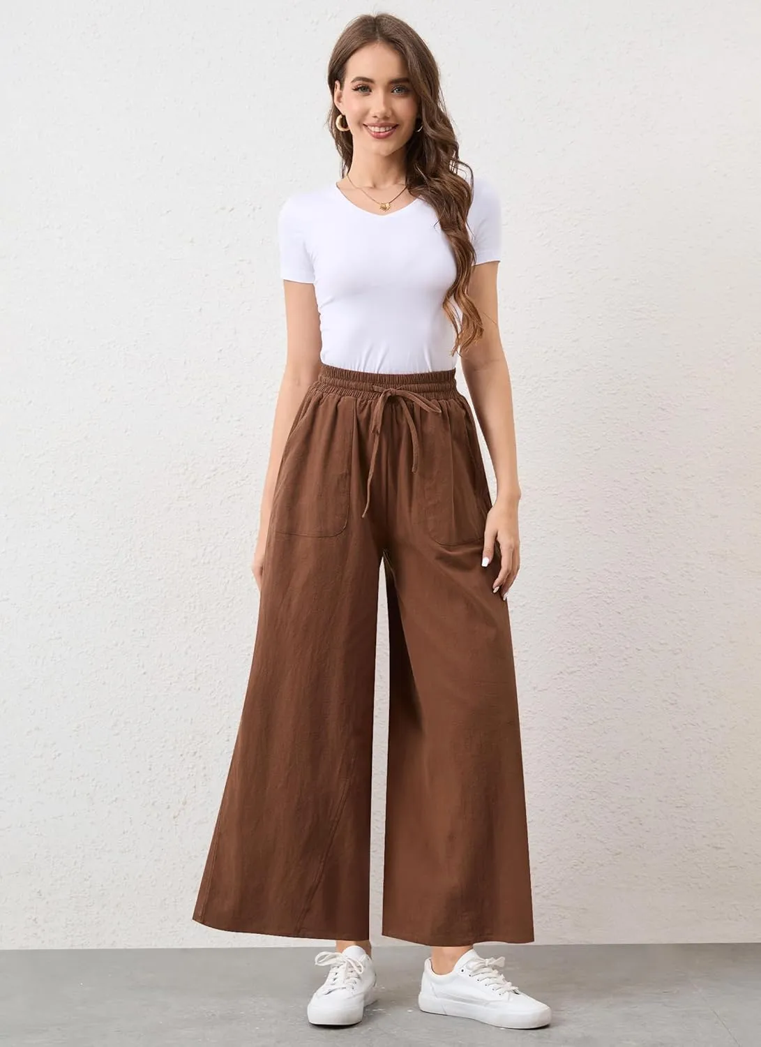 Womens Casual Linen Wide Leg Pants Trousers High Waisted Drawstring Tailored Baggy Pant Palazzo Lounge Pant Pockets