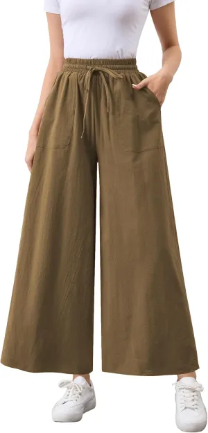 Womens Casual Linen Wide Leg Pants Trousers High Waisted Drawstring Tailored Baggy Pant Palazzo Lounge Pant Pockets