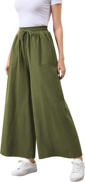 Womens Casual Linen Wide Leg Pants Trousers High Waisted Drawstring Tailored Baggy Pant Palazzo Lounge Pant Pockets