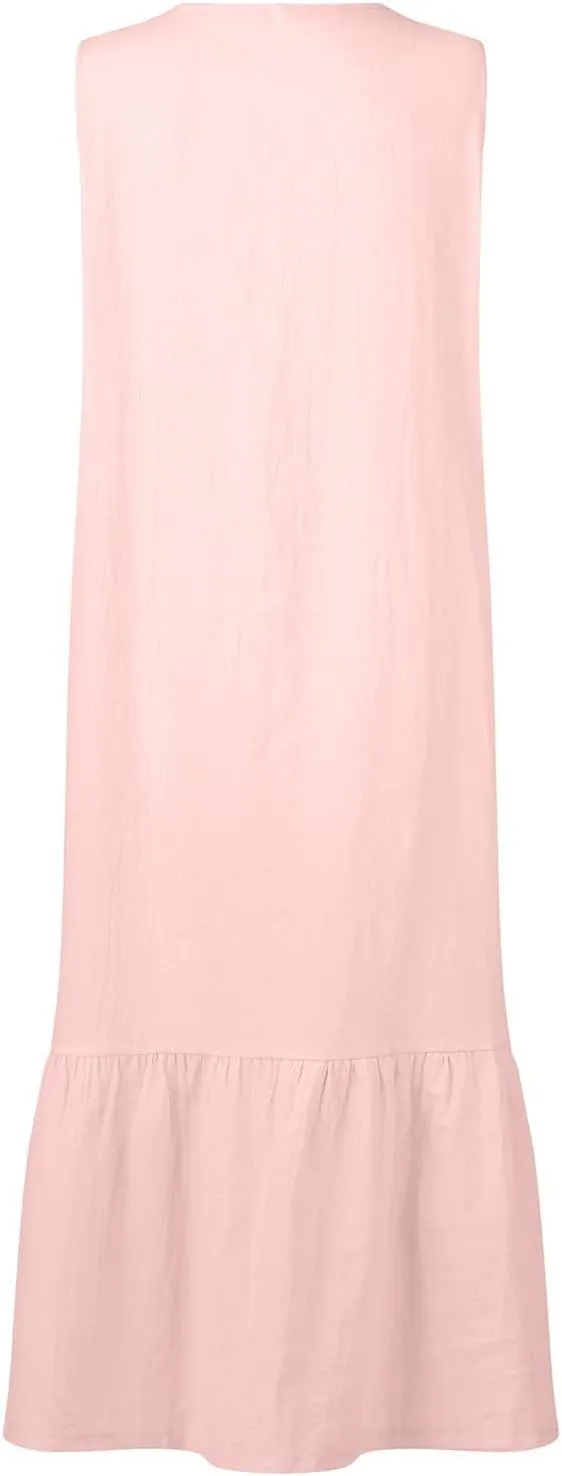 Womens Cotton Linen Baggy Maxi Dresses Trendy Elegant Casual Loose Fit V Neck Sleeveless Dress A Line Long Sundresses