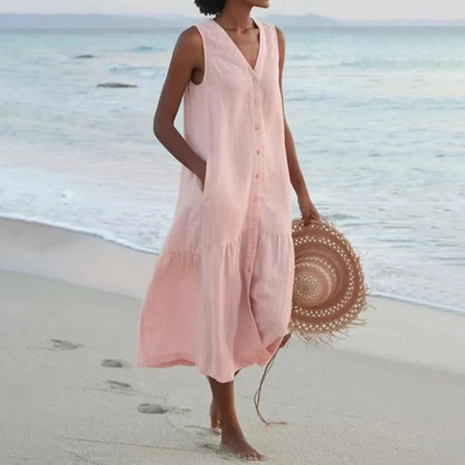 Womens Cotton Linen Baggy Maxi Dresses Trendy Elegant Casual Loose Fit V Neck Sleeveless Dress A Line Long Sundresses