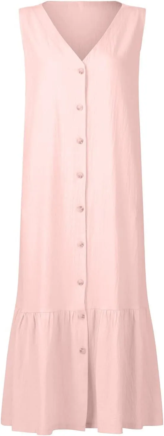 Womens Cotton Linen Baggy Maxi Dresses Trendy Elegant Casual Loose Fit V Neck Sleeveless Dress A Line Long Sundresses