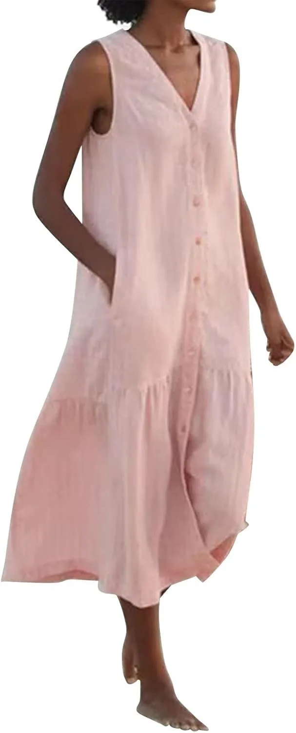 Womens Cotton Linen Baggy Maxi Dresses Trendy Elegant Casual Loose Fit V Neck Sleeveless Dress A Line Long Sundresses