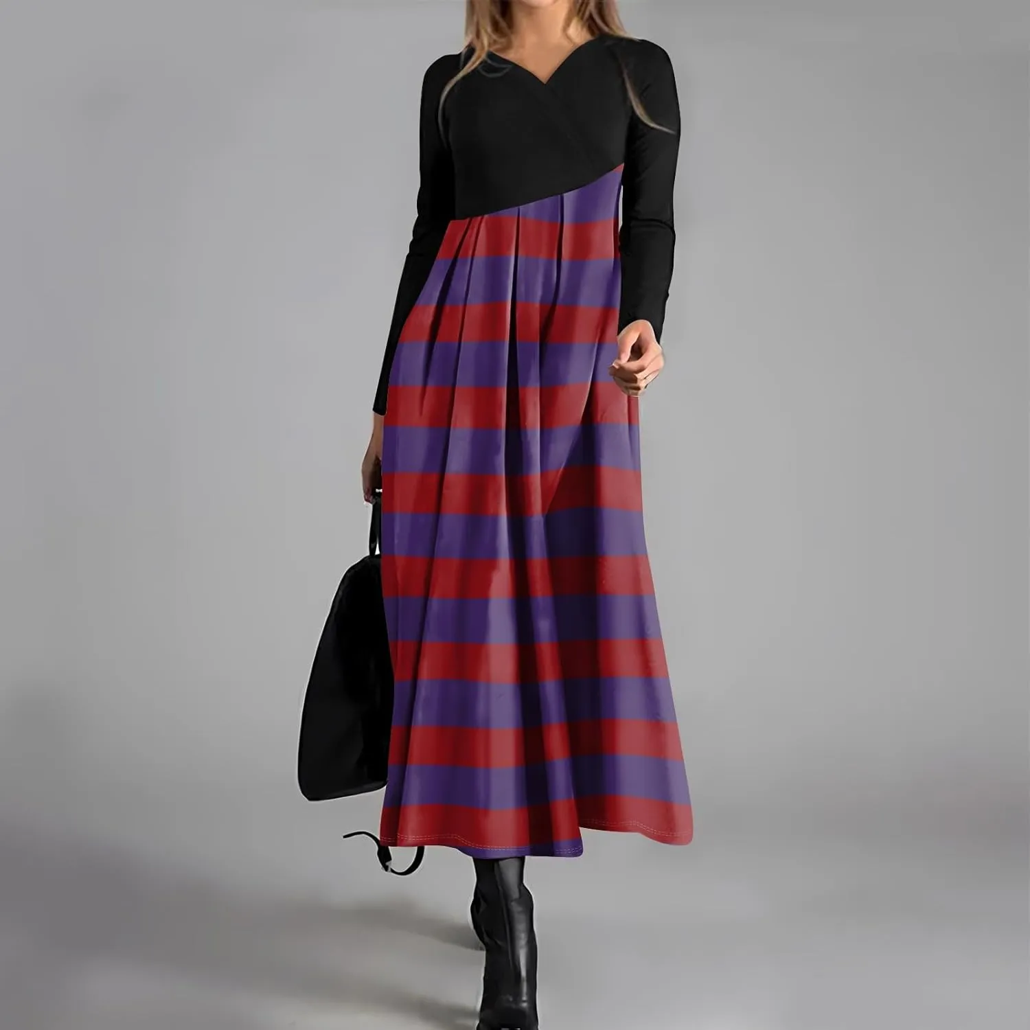 Women's Cute Gradient Long Sleeve Dress Stretchy Comfy V-Neck Spring Maxi Dresses