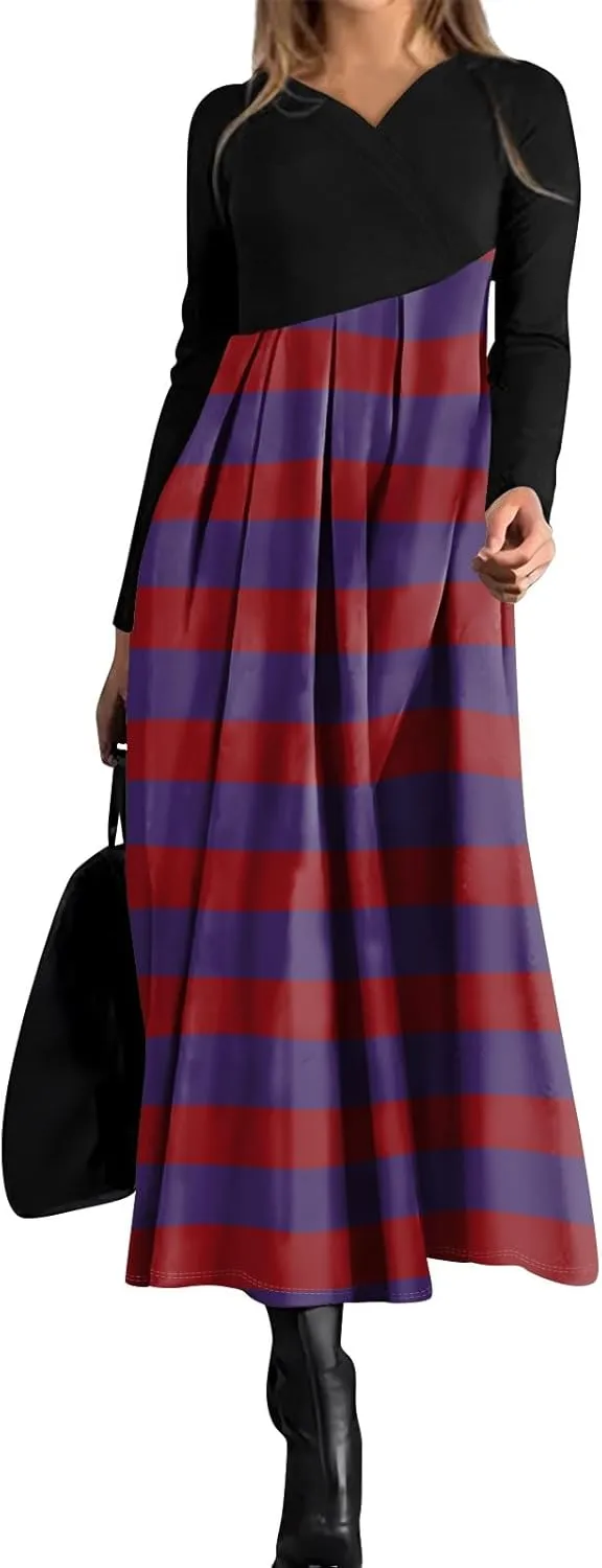 Women's Cute Gradient Long Sleeve Dress Stretchy Comfy V-Neck Spring Maxi Dresses