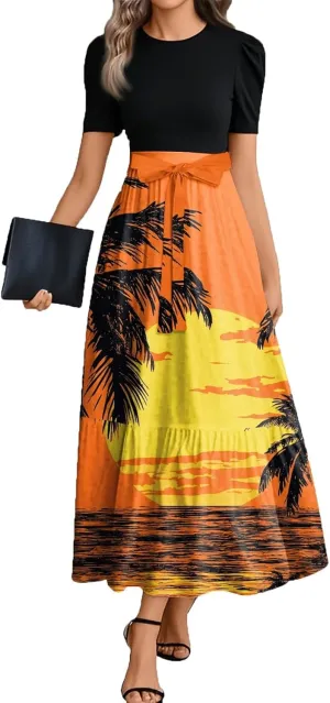 Womens Dress Summer Flowy Maxi Dress Highwaisted Short Sleeve Floral Dressed Casual Tea Party Dresses with Belt