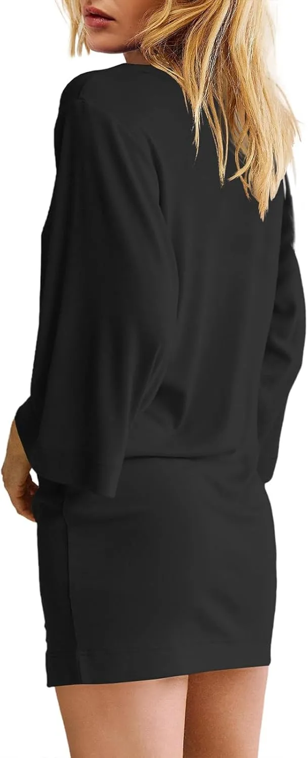 Women's Dresses Loose Fit 3/4 Sleeve Crewneck Mini Dresses Slim Fit Solid Color Fashion Trendy Dressy Dress 2025
