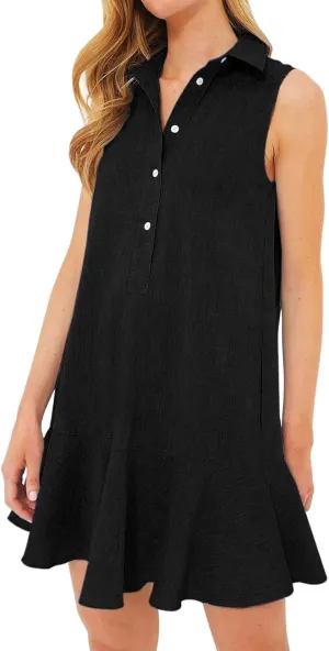 Womens Dresses Summer Loose Fit Dress Sleeveless Collared Button Down Mini Dress Ruffle Hem Dresses 2025