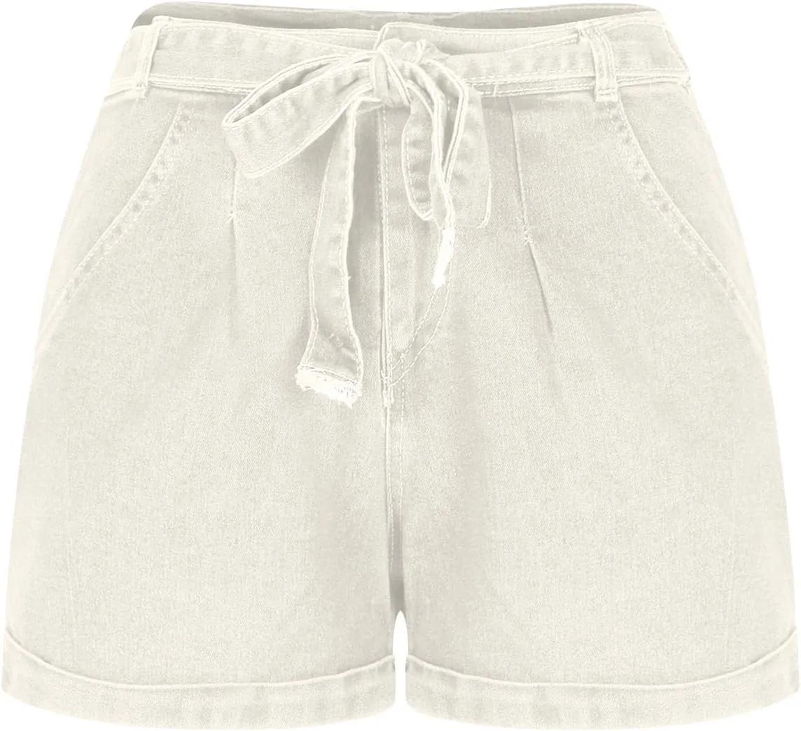 Women's Elastic Waist Tie Front Straight Denim Shorts Casual Drawstring Jean Shorts Summer Beach Shorts with Pocket