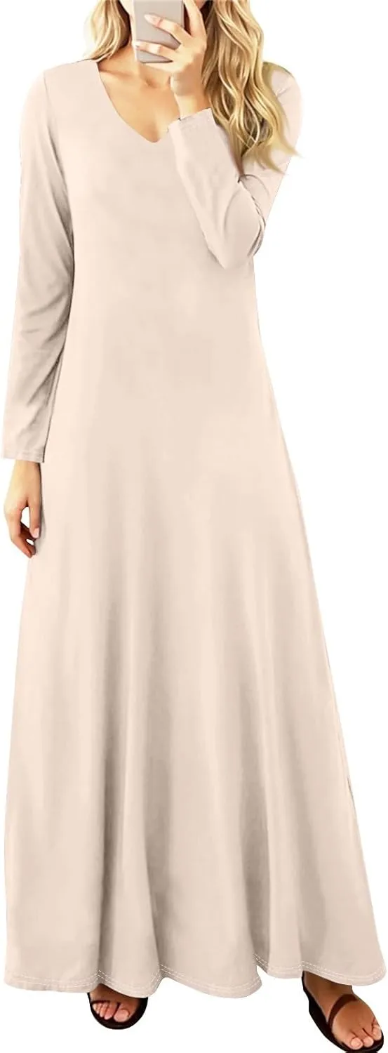 Women's Elegant Loose Solid Color Long Dress V-Neck Long Sleeve Sexy Spring Dresses