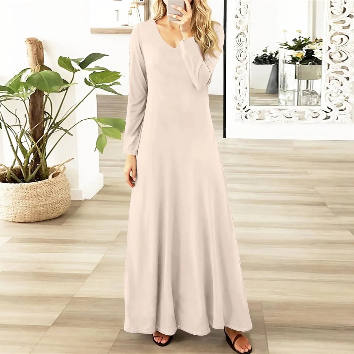 Women's Elegant Loose Solid Color Long Dress V-Neck Long Sleeve Sexy Spring Dresses