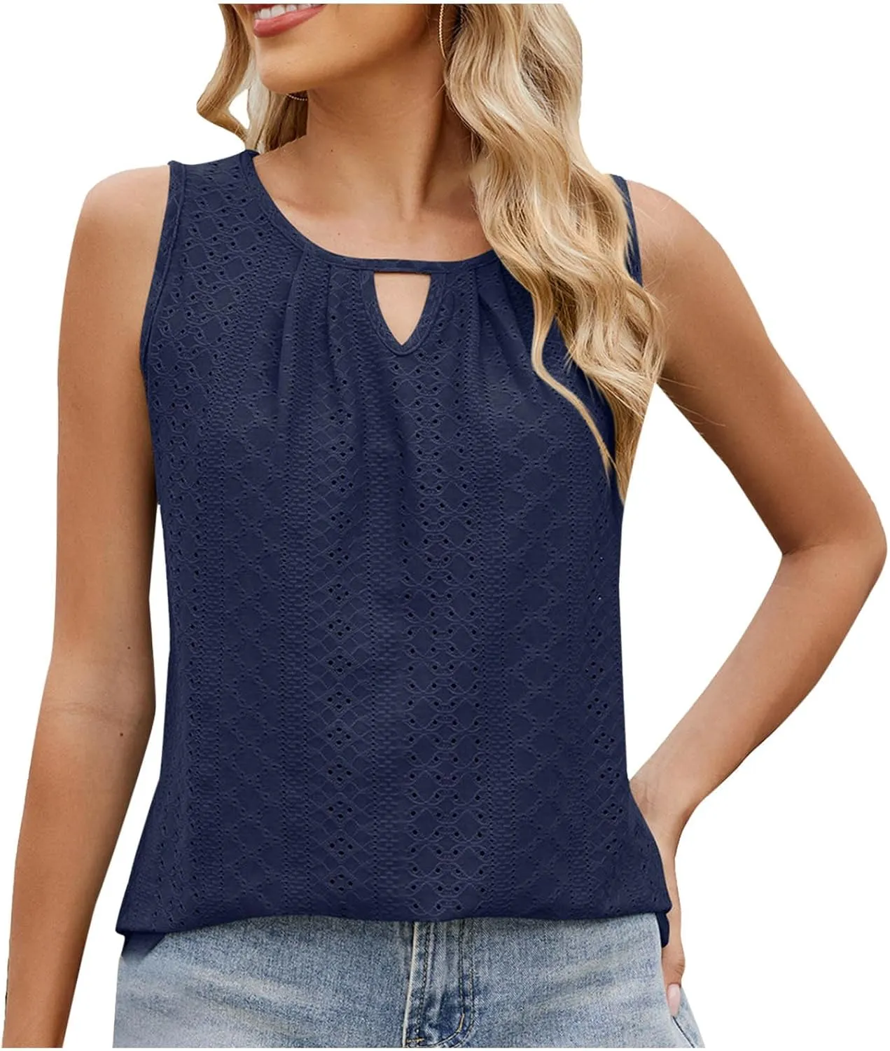 Women's Eyelet Embroidery Tank Tops Summer Keyhole Neck Sleeveless Hollow T-Shirts Casual Beach Coverup Tanks Blouse