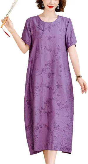 Womens Flowy Floral Crewneck Midi Dress Elegant Shift Dress Cheongsam Dress Summer Maternity Wedding Guest Vacation Dresses