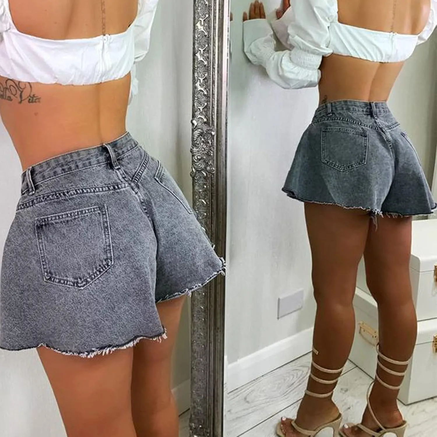 Women's High Elastic Waisted Denim Shorts Ruffle Raw Hem Jean Short Wide Leg Flared A Line Pleated Denim Jean Short