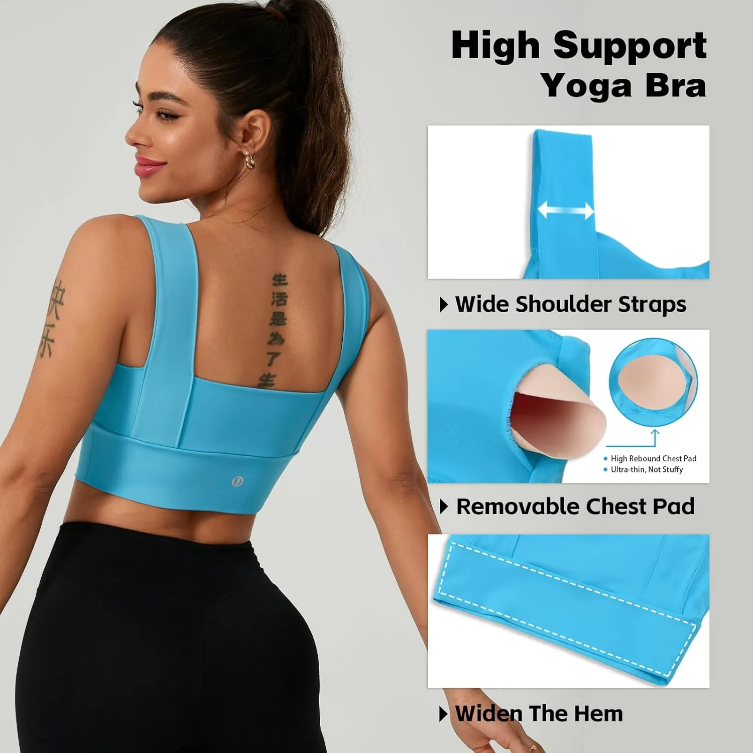 Women's High Support Sports Bra with Wide Straps|U-Back,Moisture-Wicking Removable Pads, Full Coverage Yoga Gym Bra