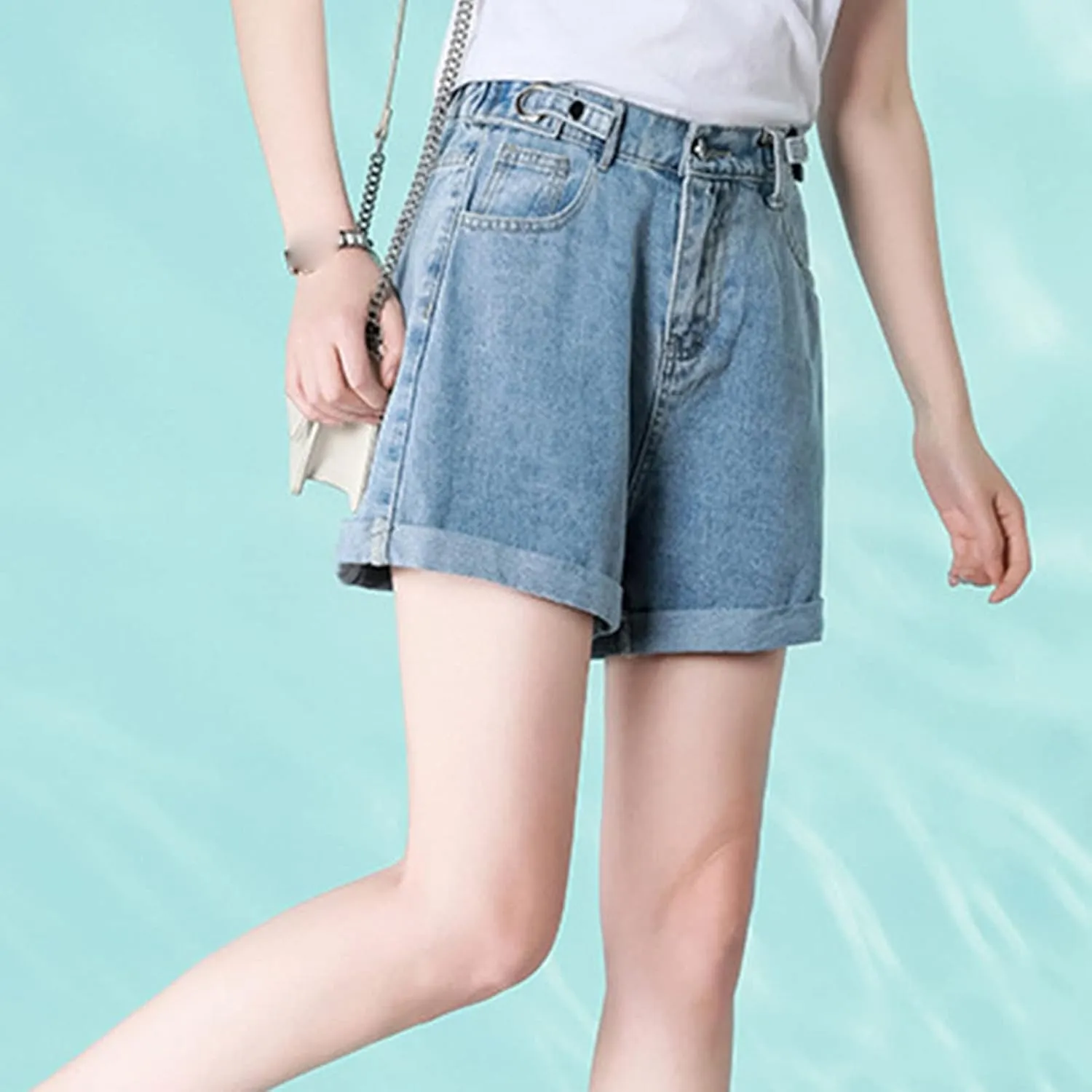 Women's High Waisted Denim Shorts Elastic Waist Folded Hem Hot Denim Shorts Straight Leg Hem Jean Shorts