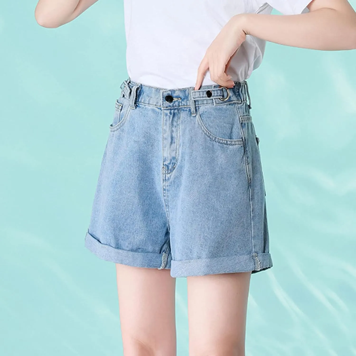 Women's High Waisted Denim Shorts Elastic Waist Folded Hem Hot Denim Shorts Straight Leg Hem Jean Shorts