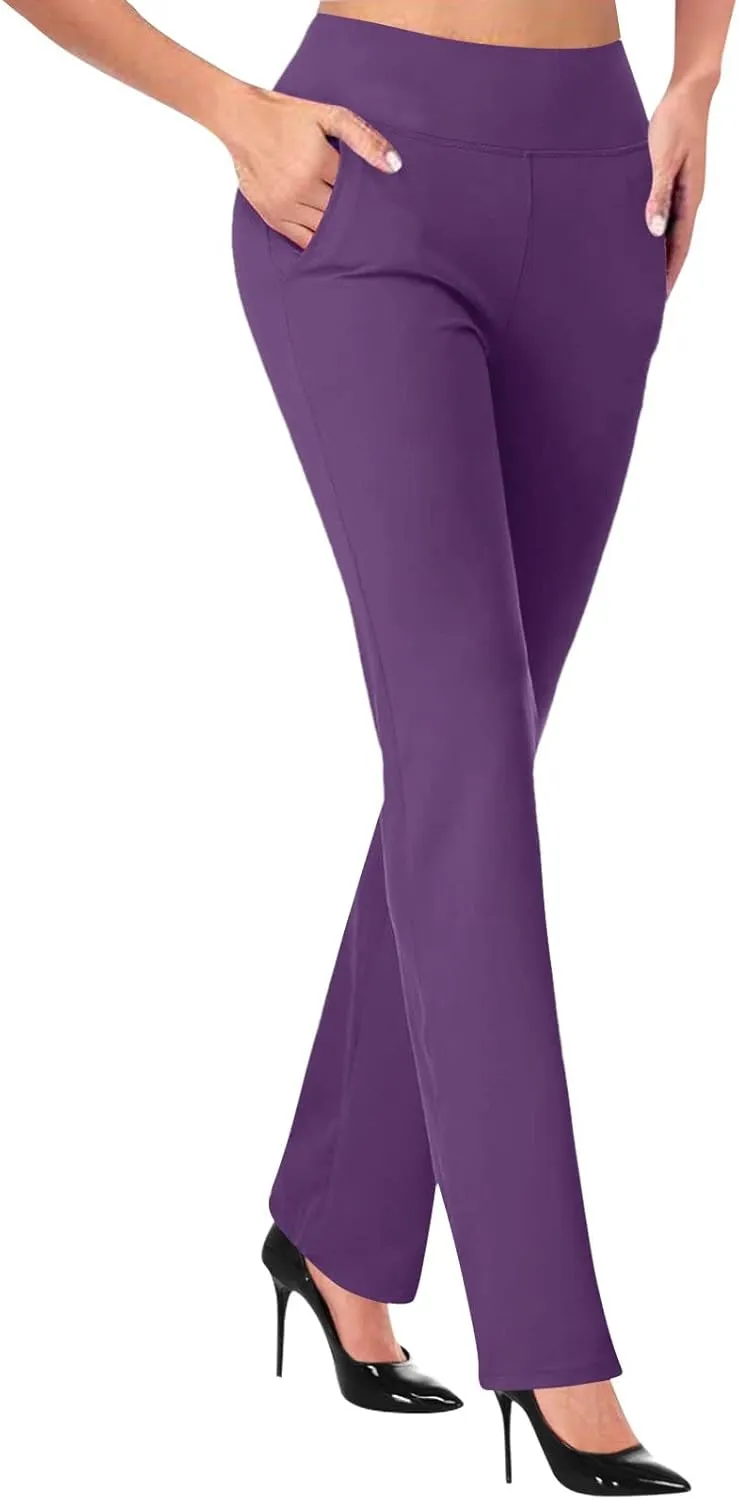 Womens Knitted Flared Pants Solid Color Bell Bottom Pants with Pockets Solid High Waisted Straight Leg Trousers