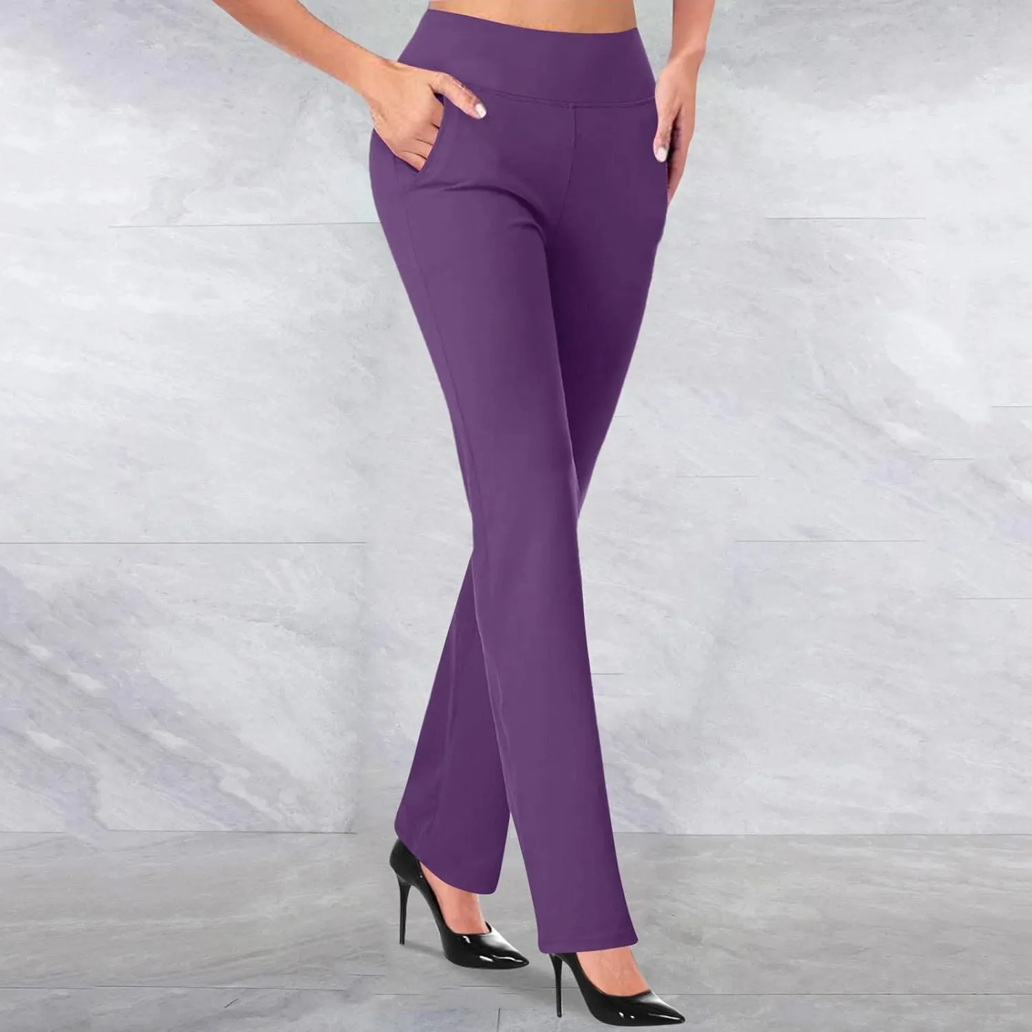 Womens Knitted Flared Pants Solid Color Bell Bottom Pants with Pockets Solid High Waisted Straight Leg Trousers