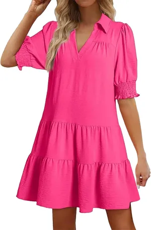 Womens Lapel V Neck Cute Shift Tierd Dress with Pockets Bell Sleeve Ruffle Hem Loose Swing Summer Tunic Mini Dress