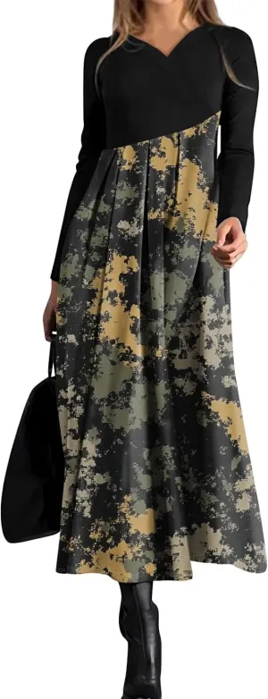 Womens Light Spring Long Sleeve Maxi Dresses Loose Fitted Camo Print V Neck Dress