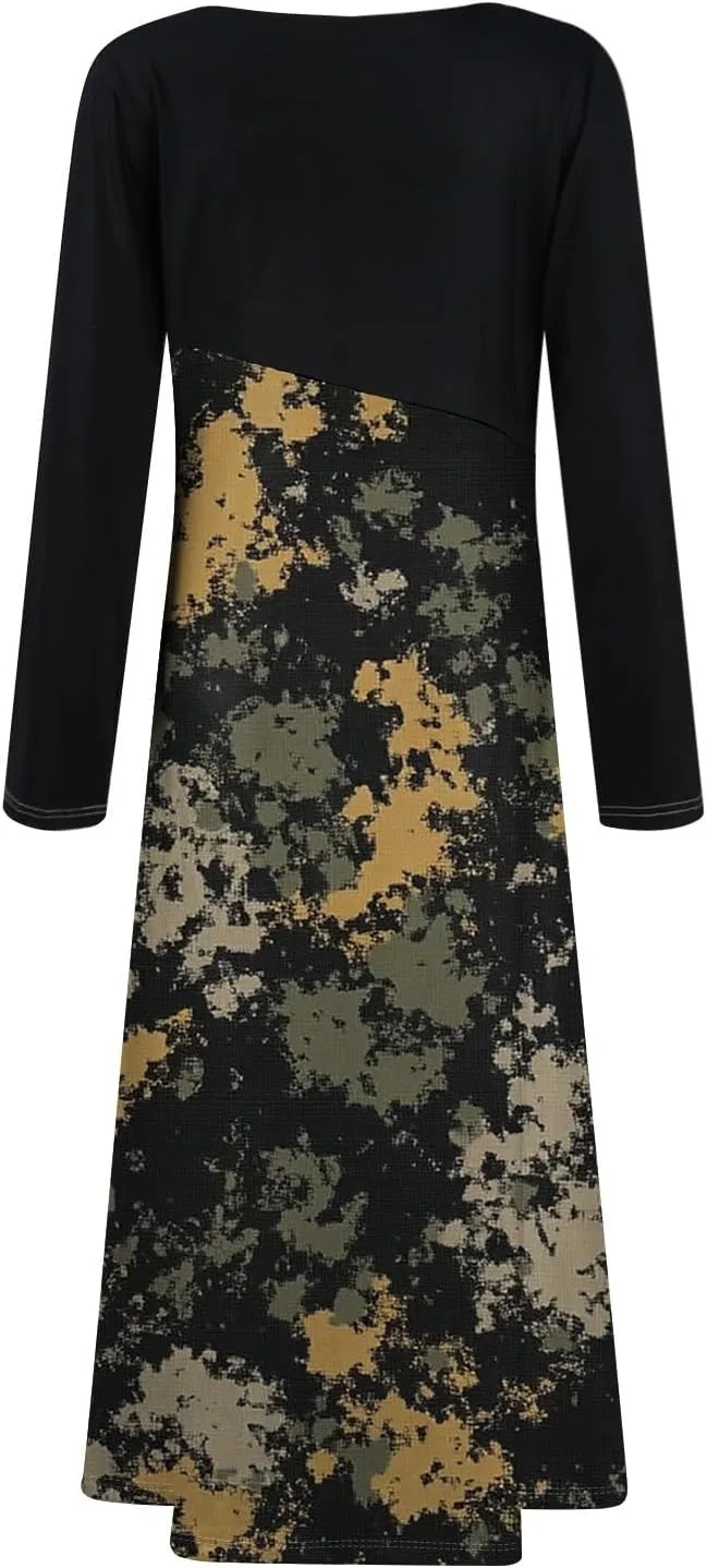Womens Light Spring Long Sleeve Maxi Dresses Loose Fitted Camo Print V Neck Dress
